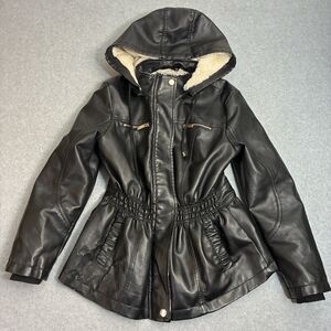 Women’s Petite M Cavalini Faux Leather Hooded Jacket Black Sherpa Lined Parka